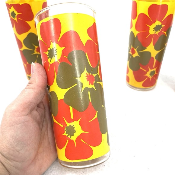 Vintage Retro Hibiscus Flower Tumbler Drinking Glass Set of 4 - Picture 4 of 6